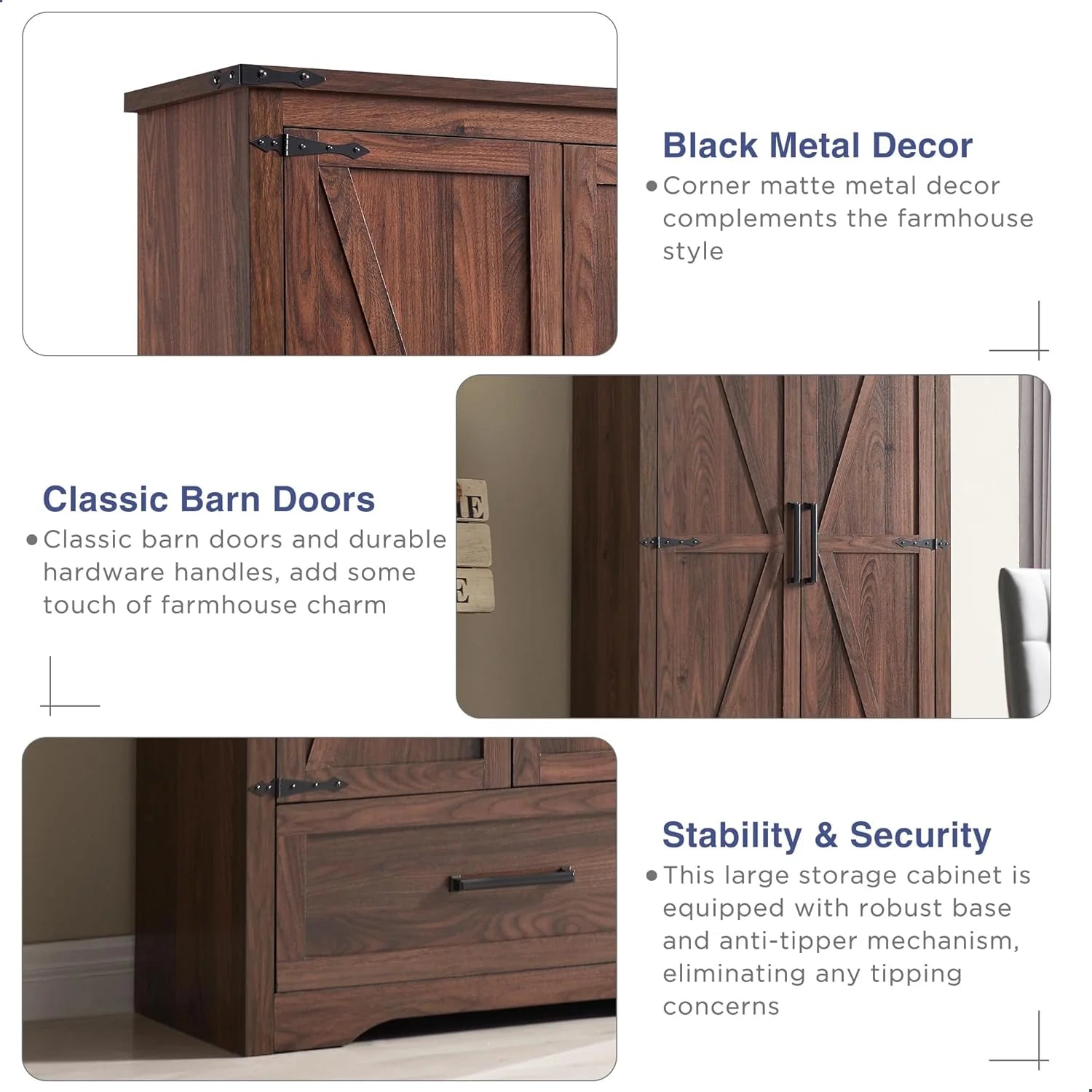 JXQTLINGMU Farmhouse Kitchen Pantry - 72 Tall Wood Kitchen Storage Cabinet with Adjustable Shelves and 2 Barn-Style Doors and Drawers