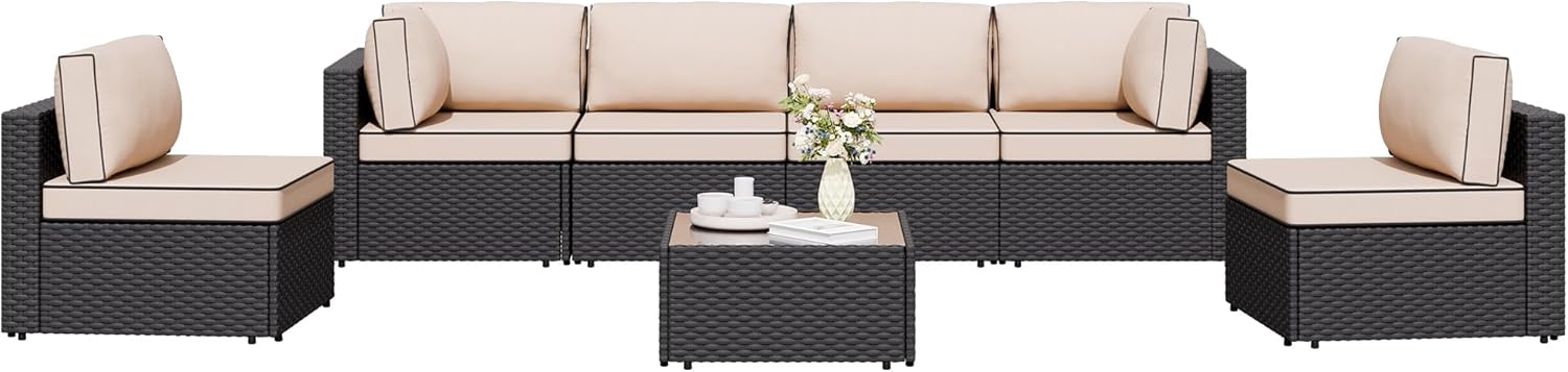 7 Pieces Outdoor Patio Sectional Sofa Couch, Wicker Furniture Patio Conversation Sets with Washable Cushions & Coffee Table for Garden, Poolside, Backyard