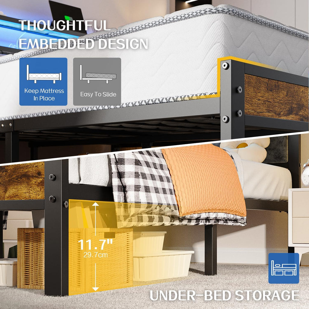 Queen Size Bed Frame with 2-Tier Storage Shelves Headboard Platform Bed with Charging Station