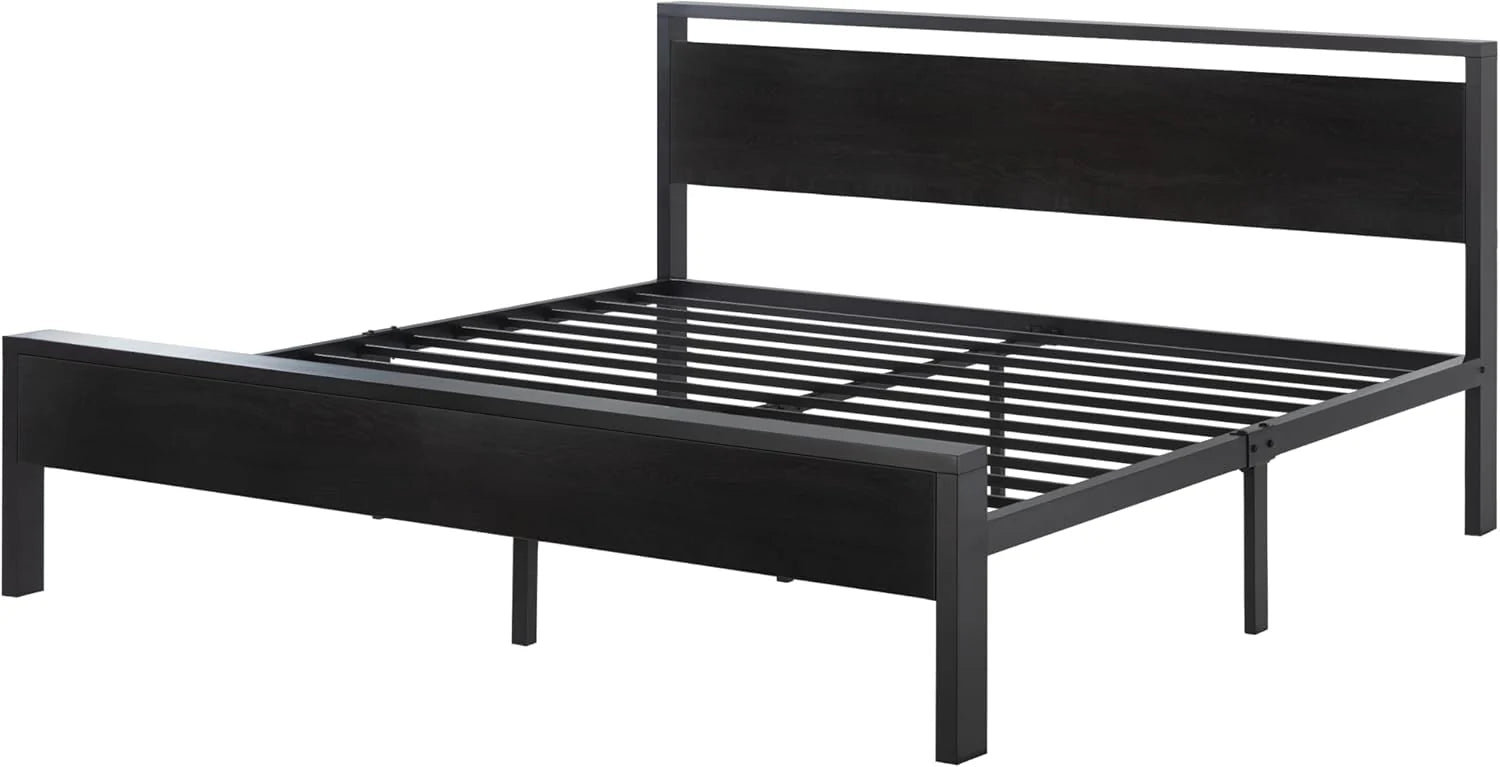 SHA CERLIN 14 Inch Queen Size Metal Platform Bed Frame with Wooden Headboard and Footboard