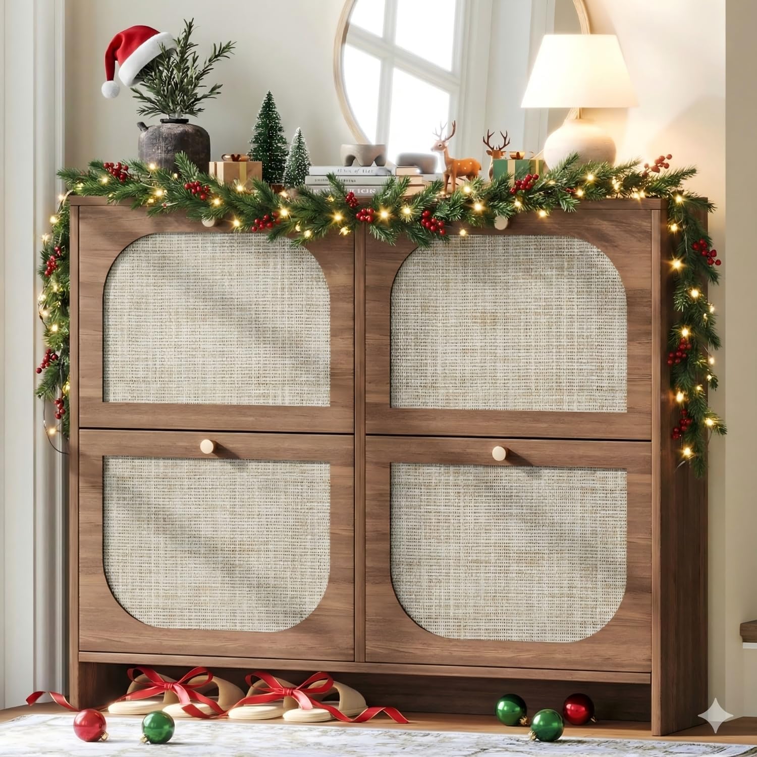 Nicetree freestanding ultra-thin arched rattan shoe cabinet