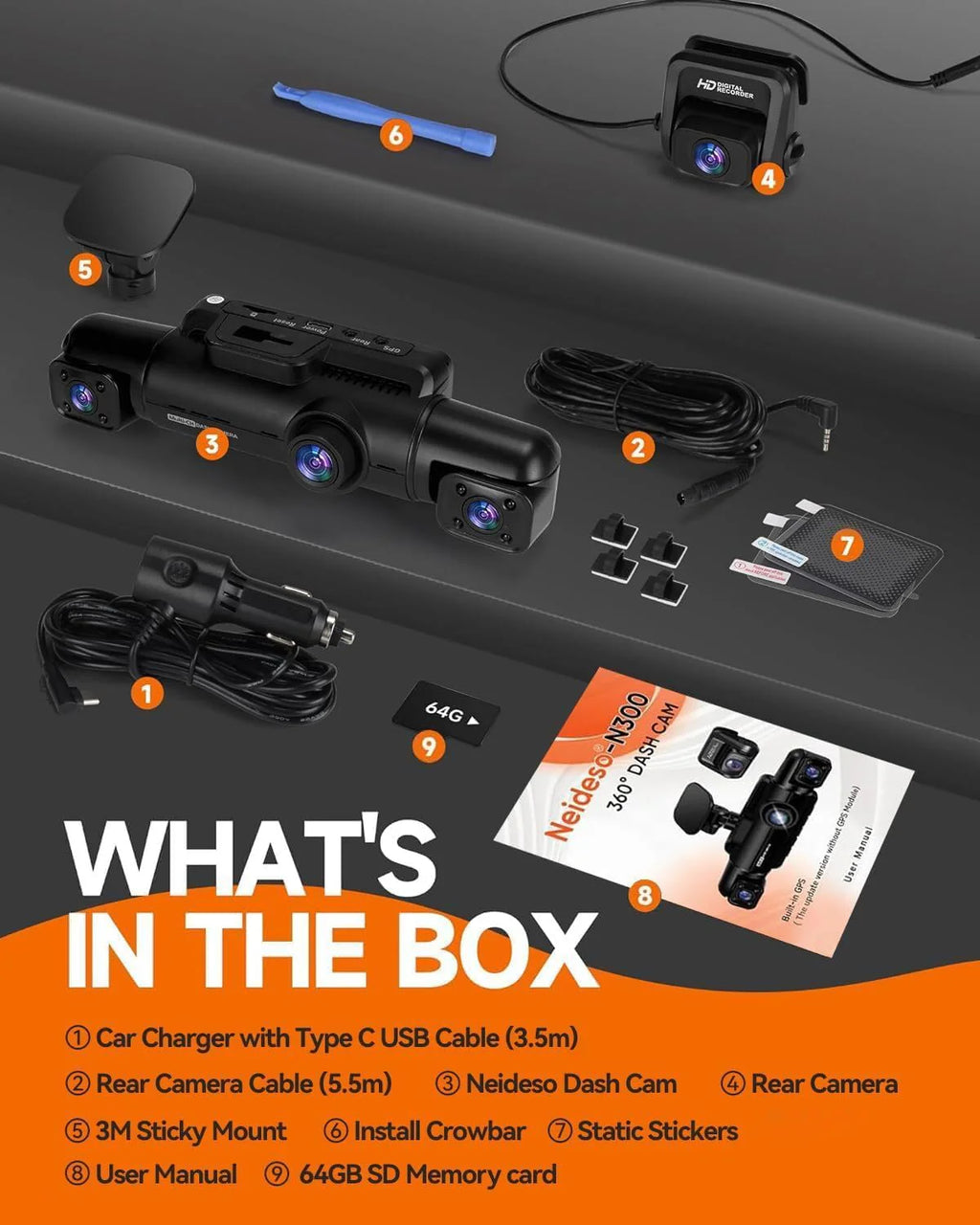 360�� Dash Cam 4-Channel FHD 4*1080P Wi-Fi GPS Voice Control Car Camera, Front 2K+1080P*2 Dash Cam, with 64GB SD Card, Night Vision, 24-Hour Parking Mode