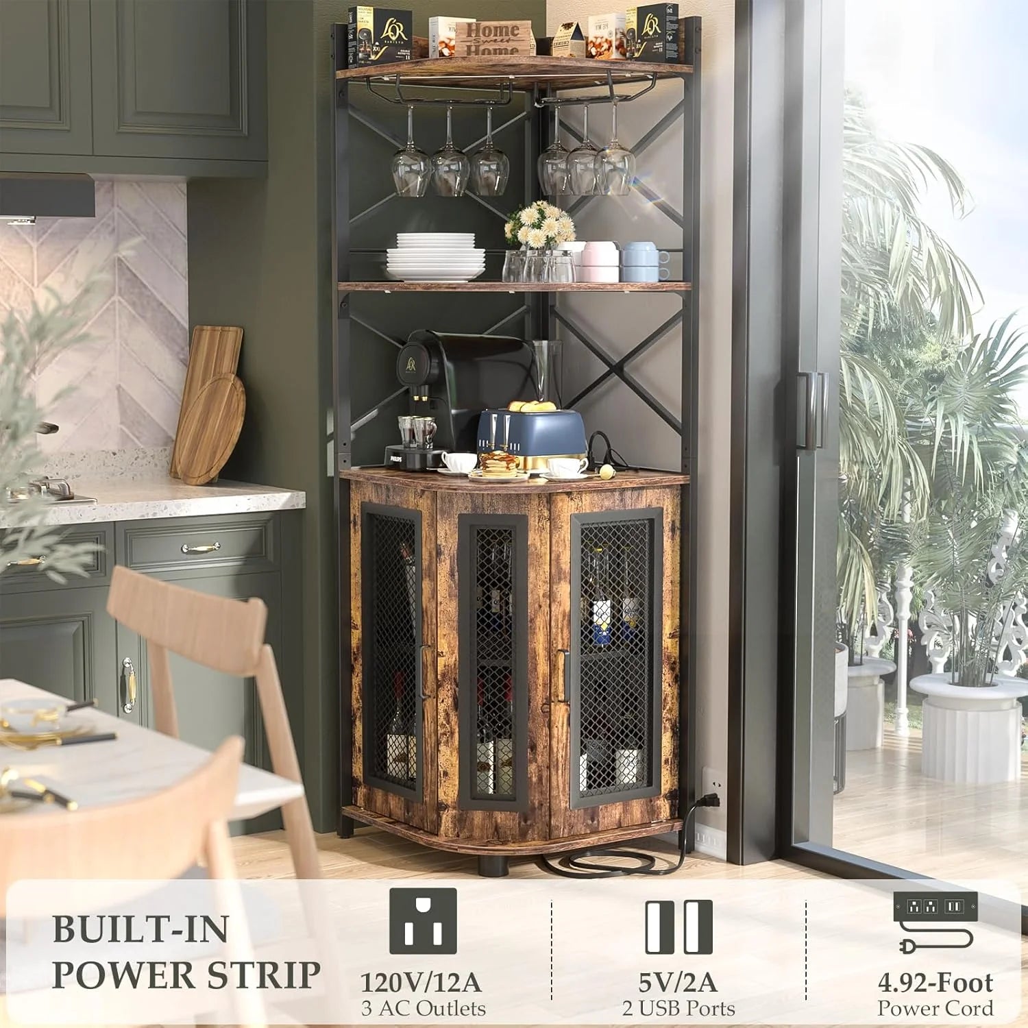 Aheaplus Corner Bar Cabinet with Power Outlet, Industrial Wine Cabinet with LED Strip and Glass Holder, 5-Tiers Liquor Cabinet Bar Unit for Home, Corner Display Cabinet for Small Space, White Oak