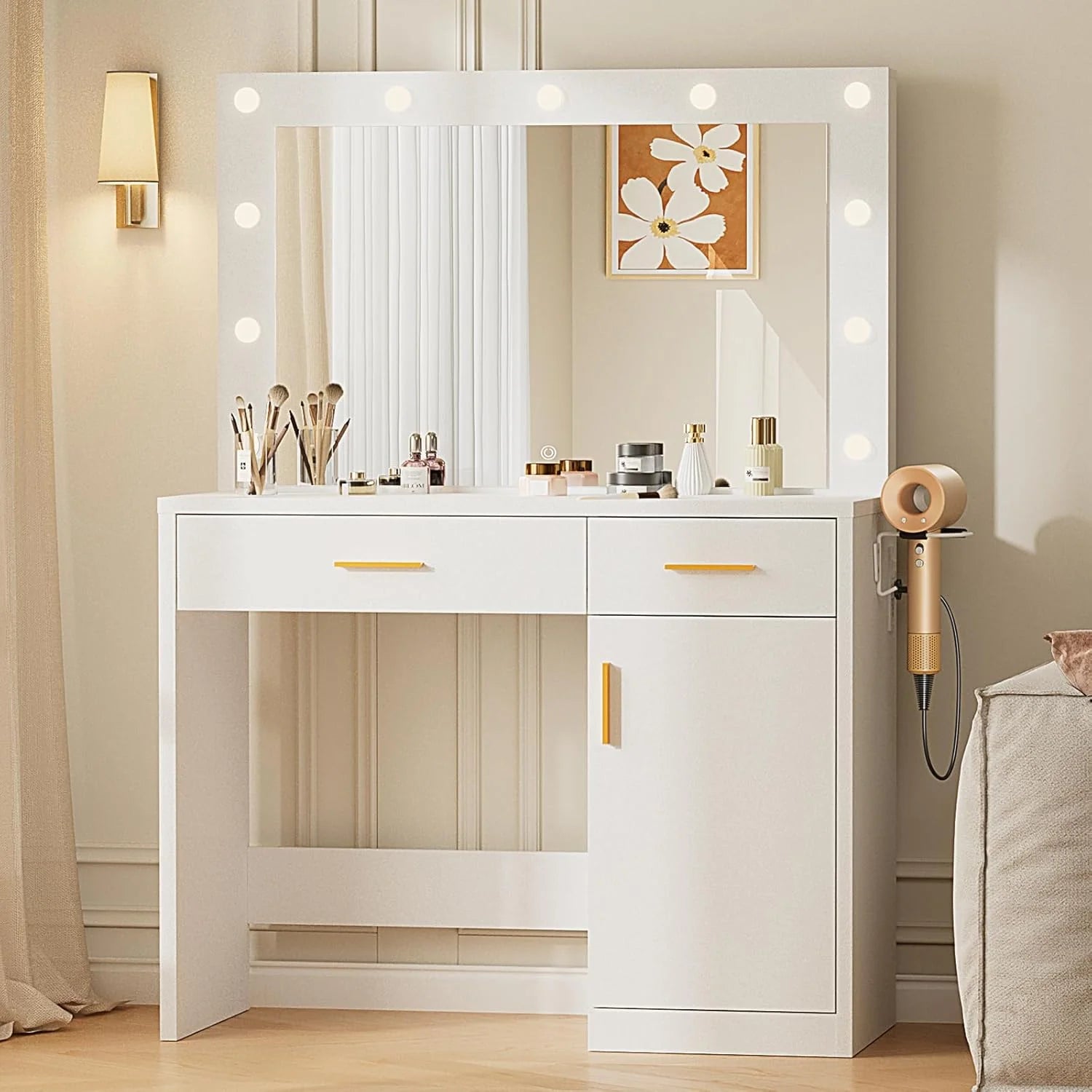Sweetcrispy Vanity Desk with 35.4 LED Mirror and Lights, Makeup Vanity Table