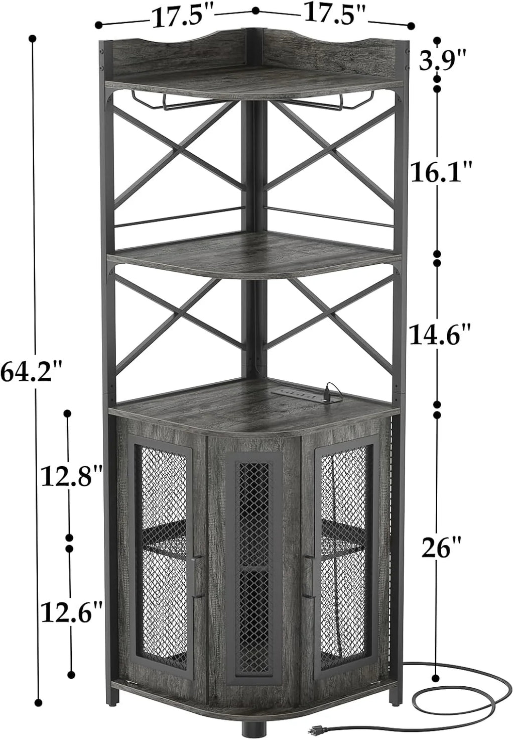 Aheaplus Corner Bar Cabinet with Power Outlet, Industrial Wine Cabinet with LED Strip and Glass Holder, 5-Tiers Liquor Cabinet Bar Unit for Home, Corner Display Cabinet for Small Space, White Oak