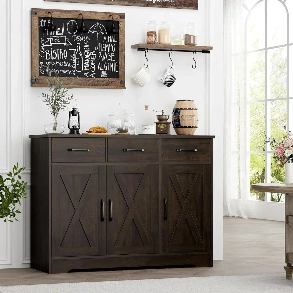 Modern farmhouse sideboard barn door buffet storage cabinet with drawers and shelves