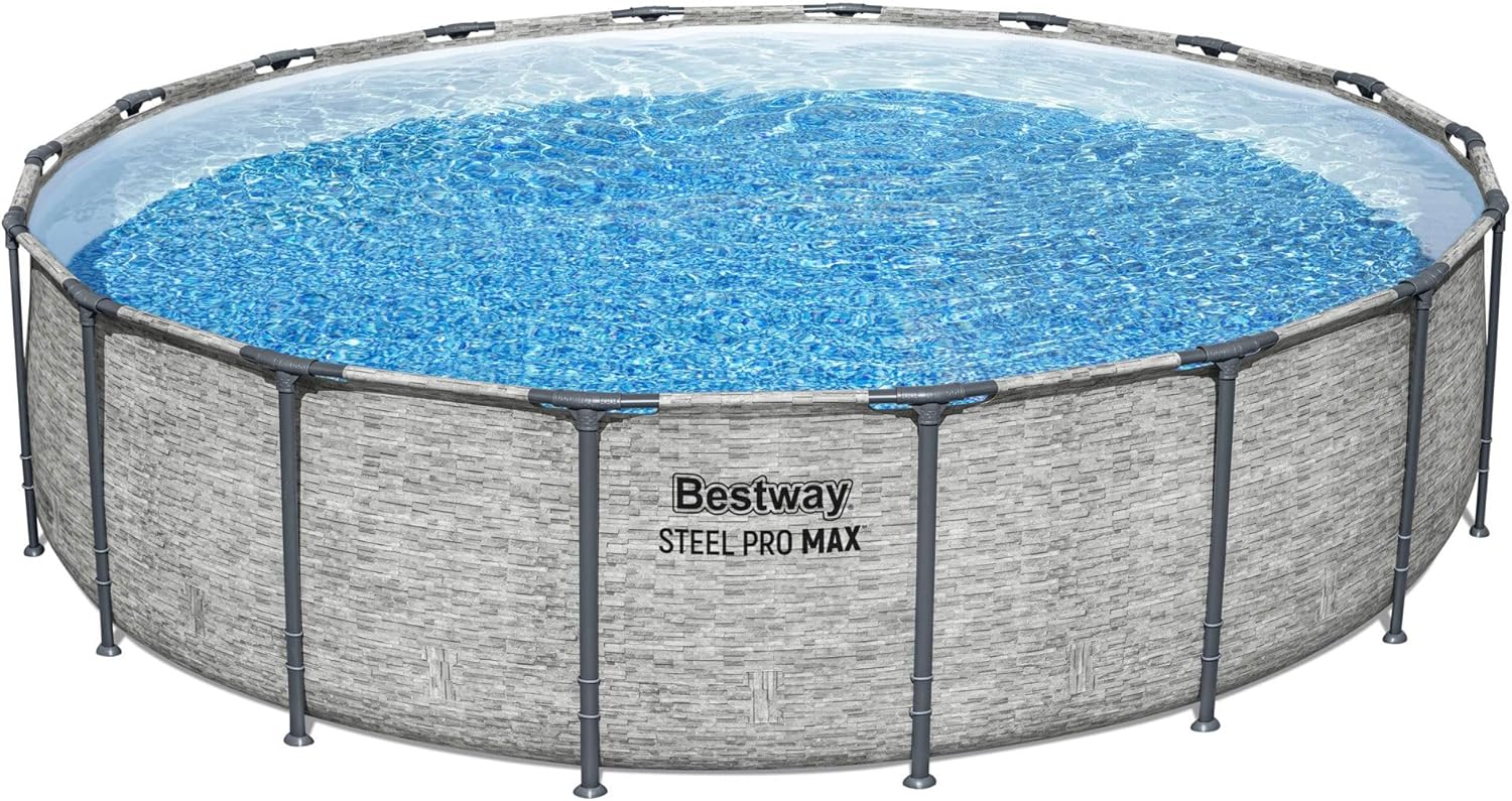 Steel Pro MAX 14 Foot x 48 Inch Round Metal Frame Above Ground Outdoor Swimming Pool Set with 1,000 Filter Pump, Ladder, and Cover, Gray
