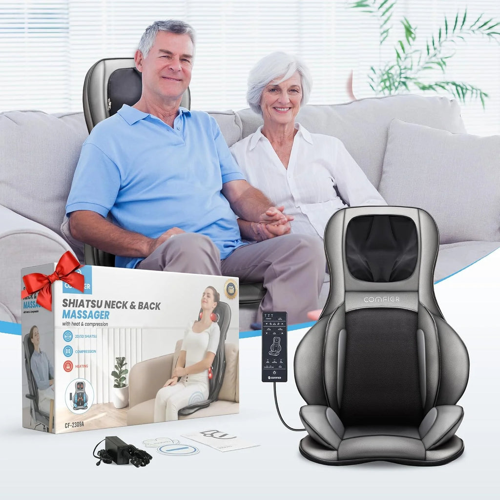 COMFIER Massager Chair with Heat Shiatsu Neck Back Massager Portable with Compress & Rolling Massage Chair Pad for Full Back Neck & Shoulders Full Body Pain