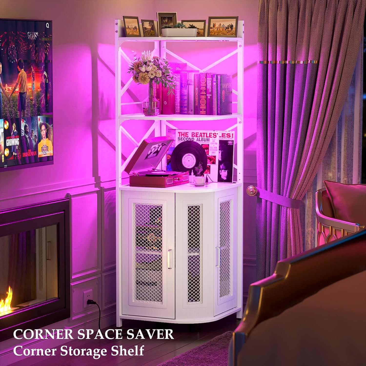 Aheaplus Corner Bar Cabinet with Power Outlet, Industrial Wine Cabinet with LED Strip and Glass Holder, 5-Tiers Liquor Cabinet Bar Unit for Home, Corner Display Cabinet for Small Space, White Oak