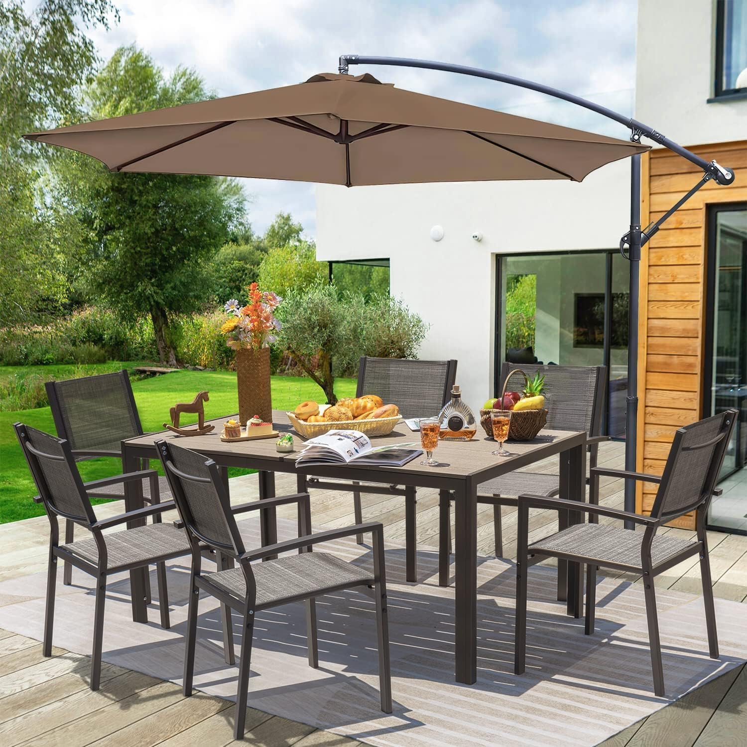 Homall Patio Dining Set 7 Pieces Outdoor Furniture Table and 6 Textilene Chairs Light Grey