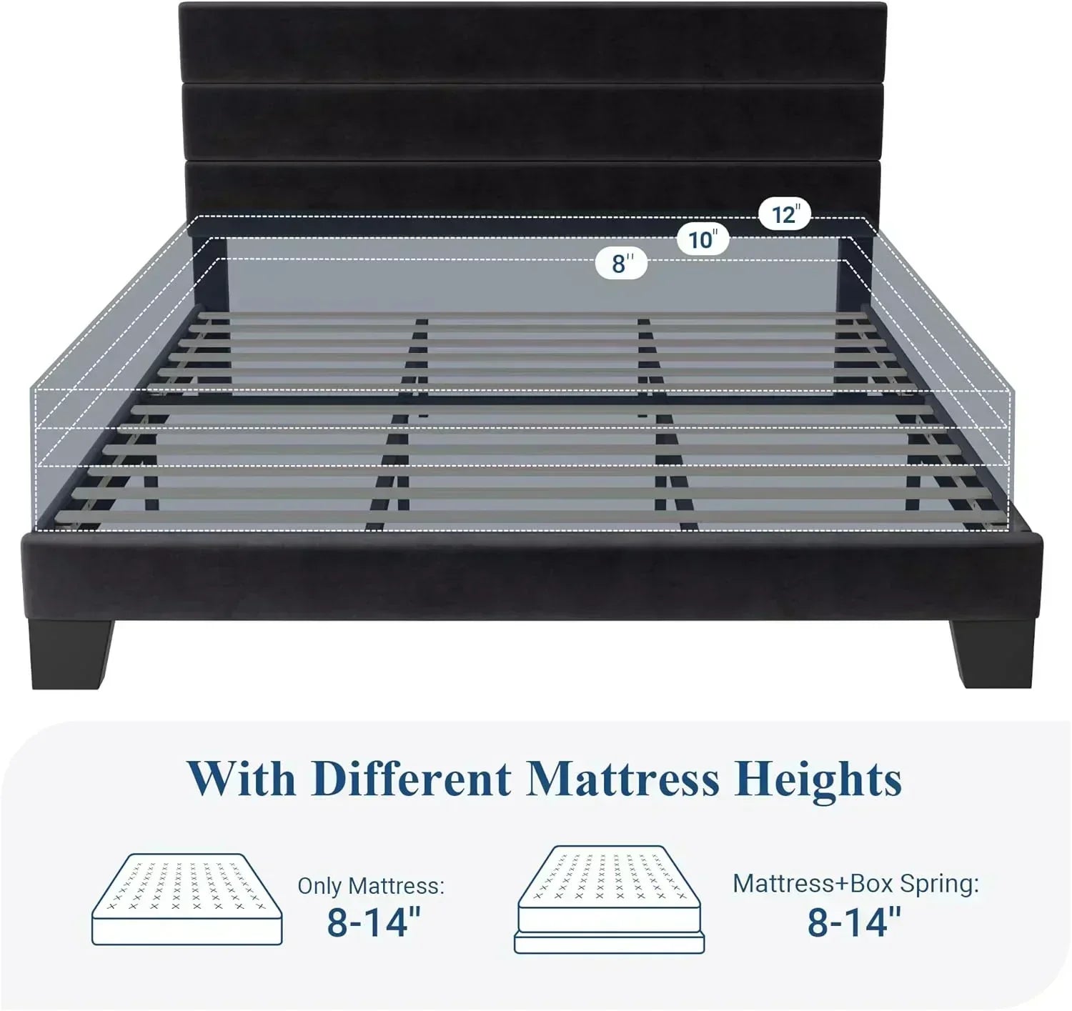 Allewie King size platform bed frame with velvet upholstered headboard and planks