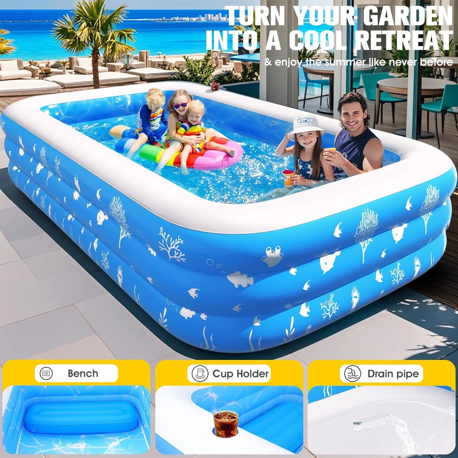 Inflatable Pool with Seat and Pool Lights, Durable Thickened Large Size Family Inflatable Pools for Adults Blow Up Pools,105 x 65 x 25Swimming Inflatable Kids PooI for Backyard,Outdoor (White)