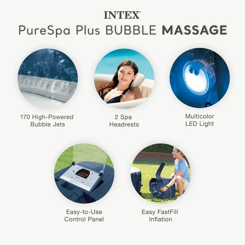 INTEX 28431EP PureSpa Plus Bubble Massage Inflatable Spa Set Includes Energy Efficient Spa Cover