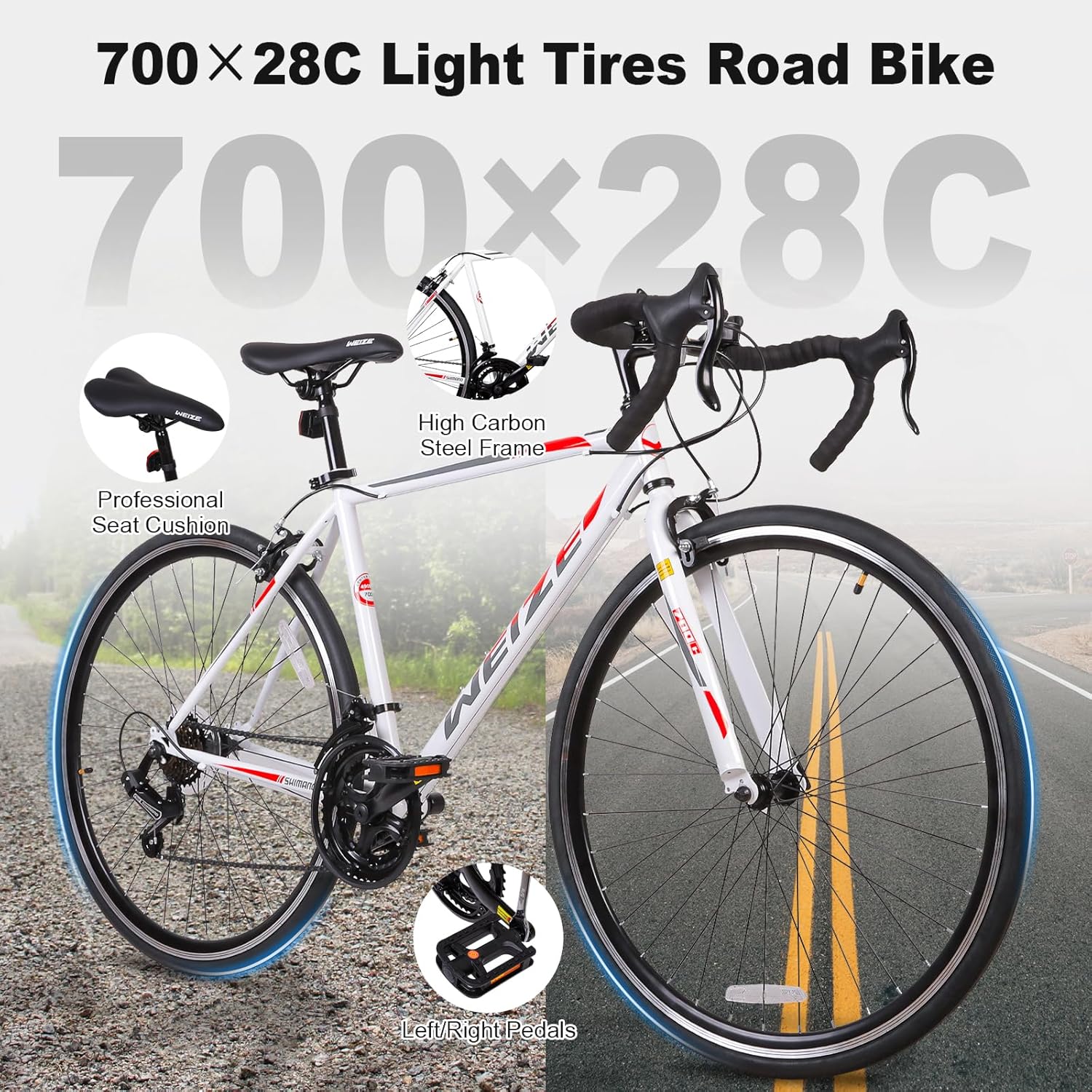 WEIZE Road Bike, 700C Wheel City Commuter Bicycle, 14 Speed Drop Bar, Racing Adult Bike with Caliper Brakes