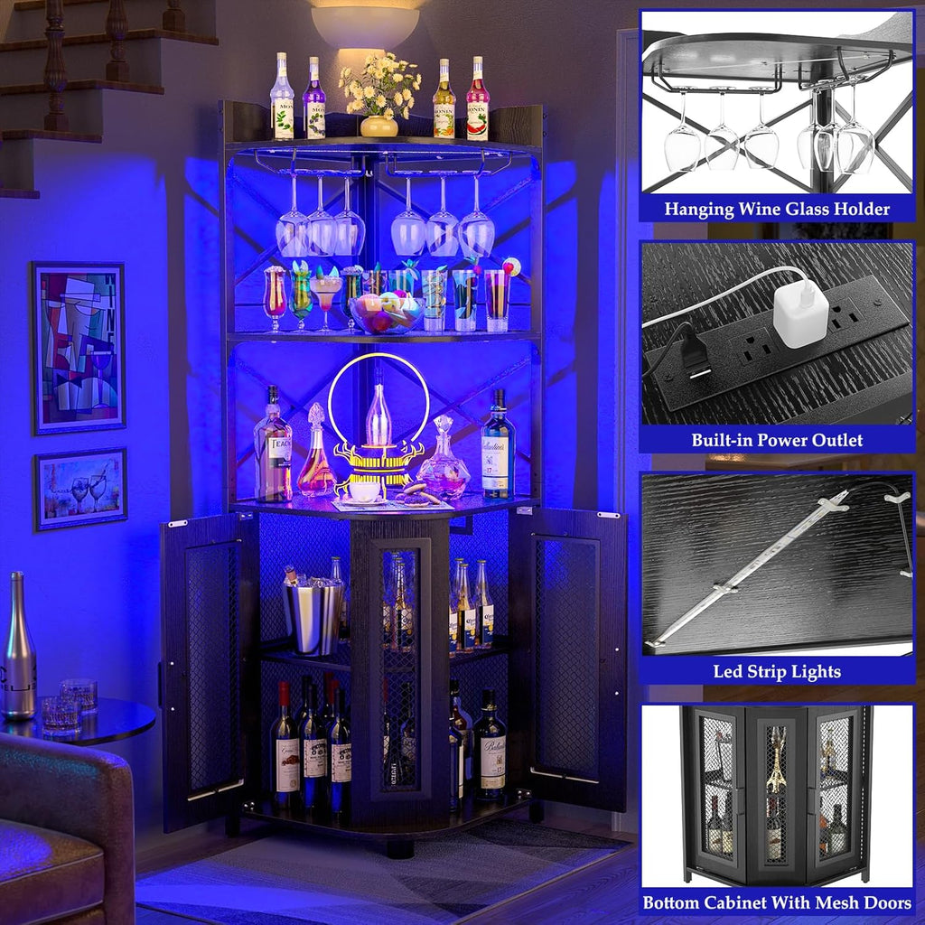 Aheaplus Corner Bar Cabinet with Power Outlet, Industrial Wine Cabinet with LED Strip and Glass Holder, 5-Tiers Liquor Cabinet Bar Unit for Home, Corner Display Cabinet for Small Space, White Oak