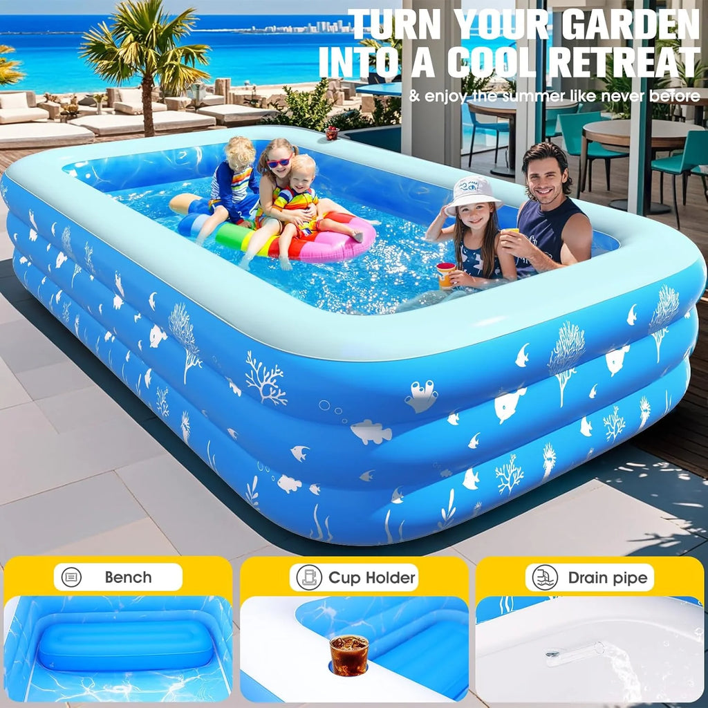 Inflatable Pool with Seat and Pool Lights, Durable Thickened Large Size Family Inflatable Pools for Adults Blow Up Pools,105 x 65 x 25Swimming Inflatable Kids PooI for Backyard,Outdoor (White)
