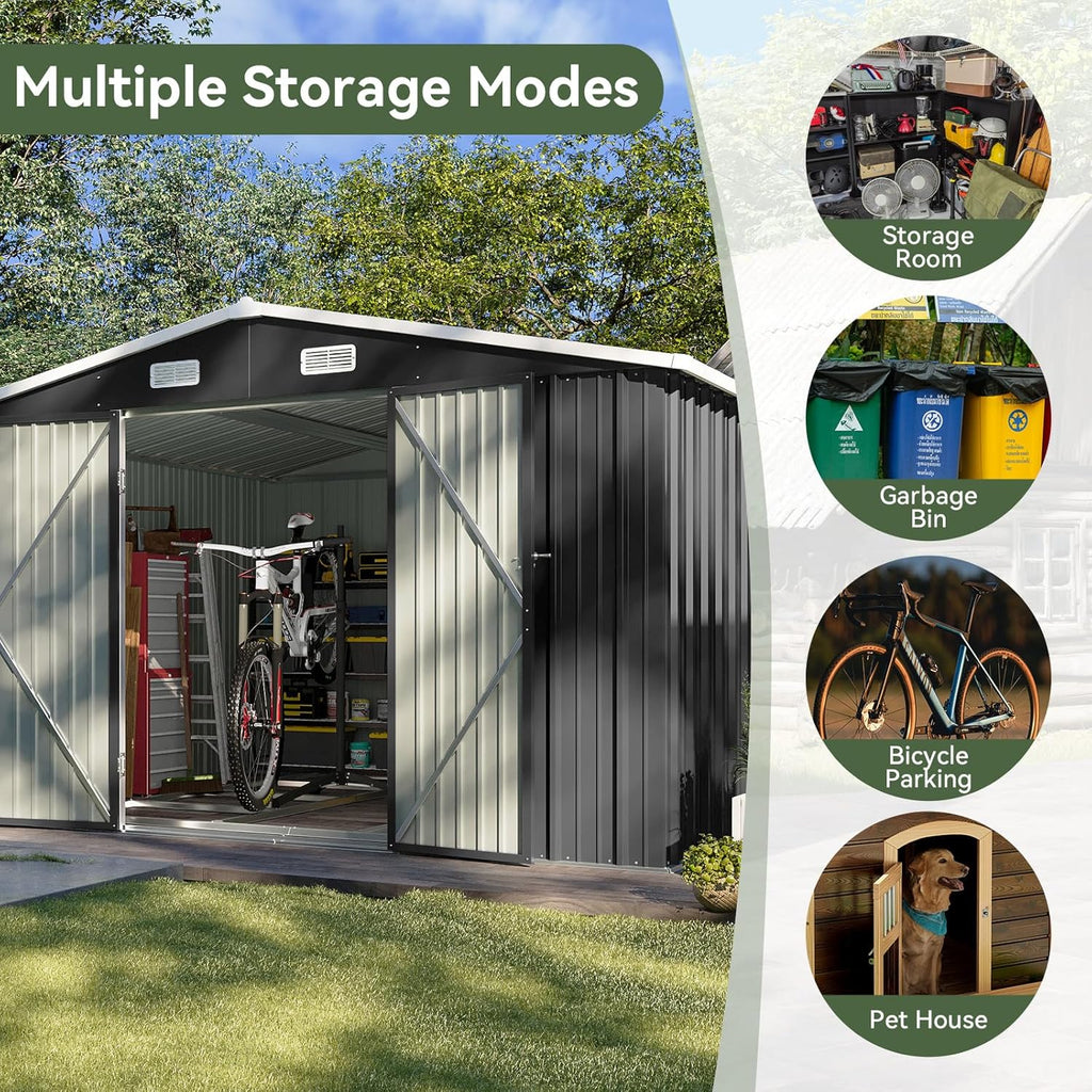 Aoxun 12x10 FT Shed Metal Outdoor Waterproof Storage Shed Steel Utility Garden Tool Shed