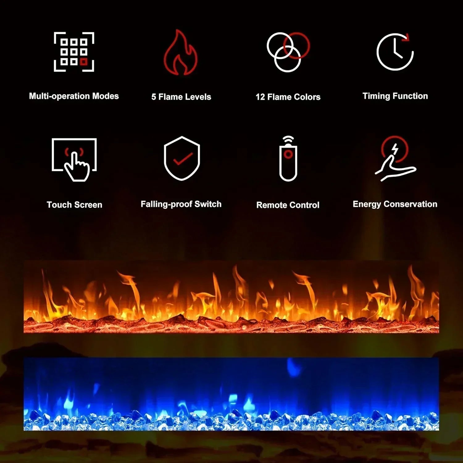 EUHOMY 50 Inch Electric Fireplace Wall Recessed Adjustable Flame Color Fireplace Heater