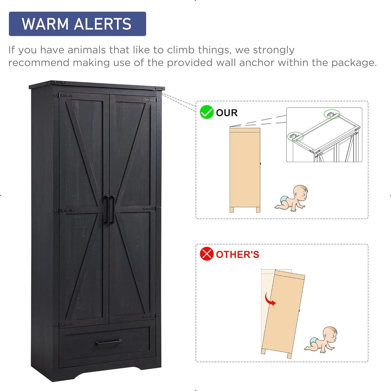 JXQTLINGMU Farmhouse Kitchen Pantry - 72 Tall Wood Kitchen Storage Cabinet with Adjustable Shelves and 2 Barn-Style Doors and Drawers