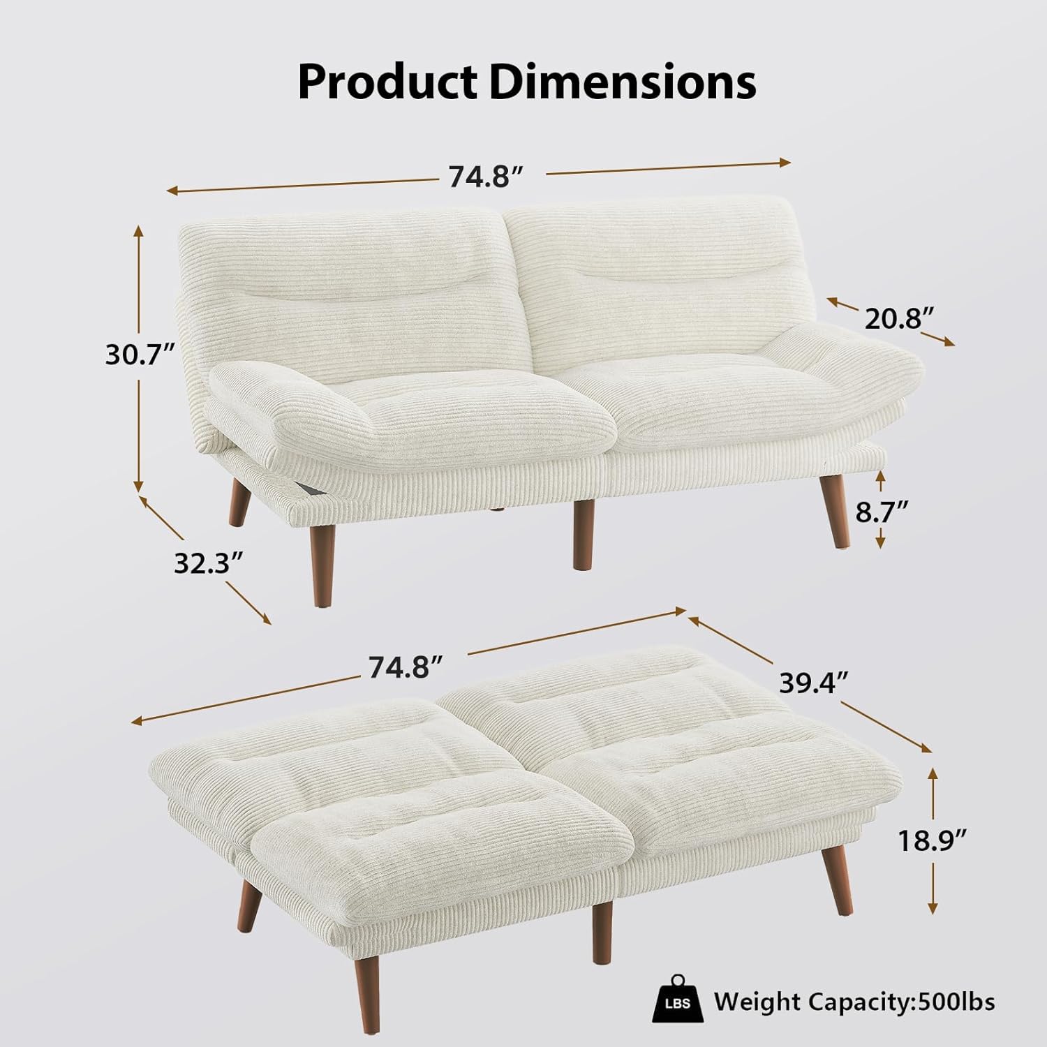 Convertible Futon Sofa Bed 66 Inch Corduroy Futon Sofa Recliner Sofa Bed for Small Spaces