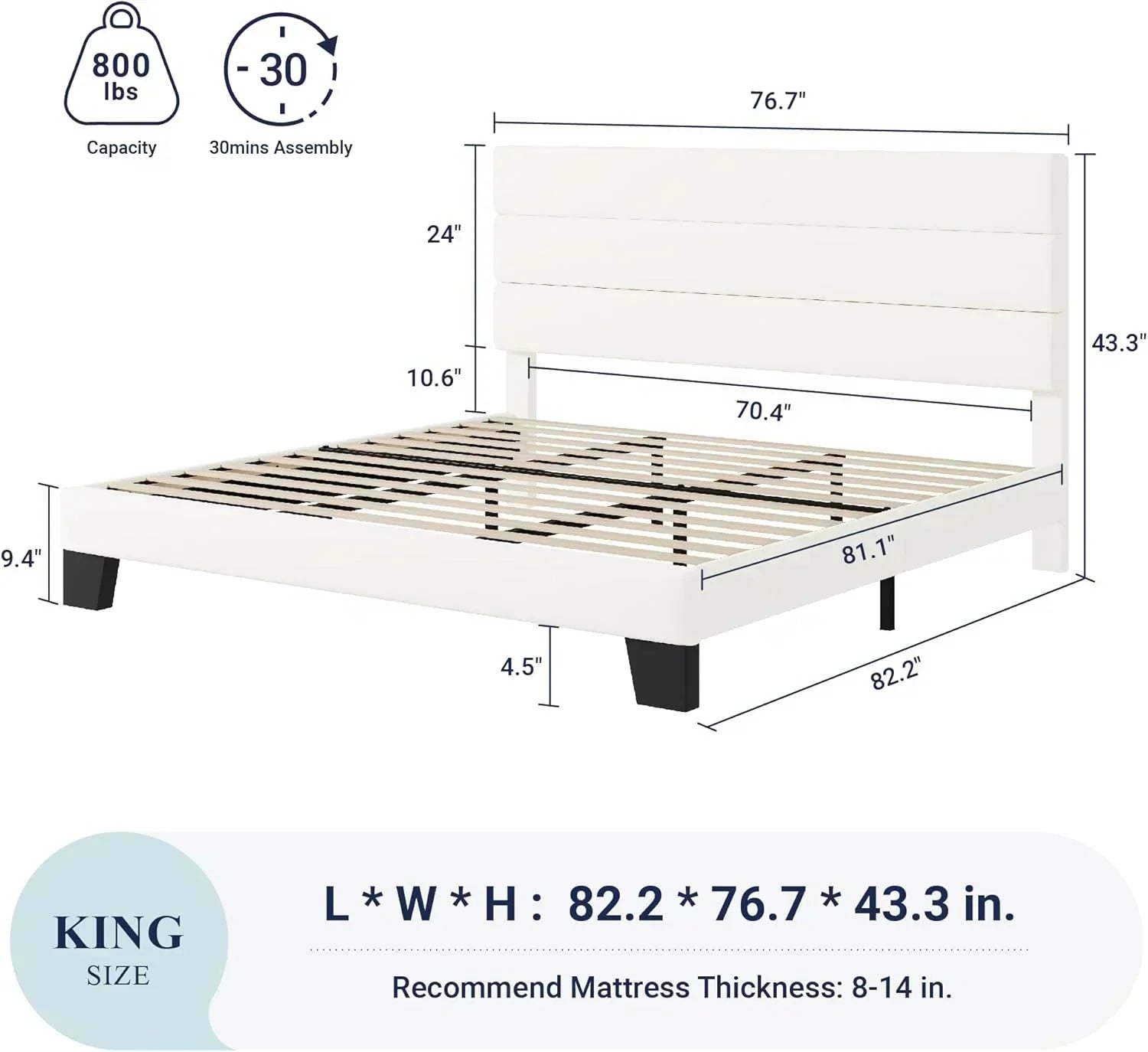 Allewie King size platform bed frame with velvet upholstered headboard and planks