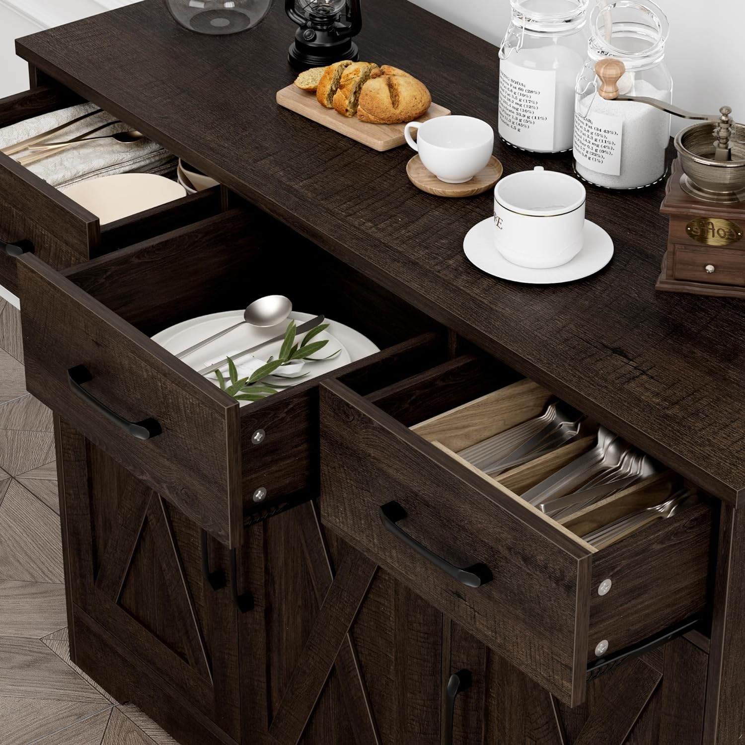 Modern farmhouse sideboard barn door buffet storage cabinet with drawers and shelves