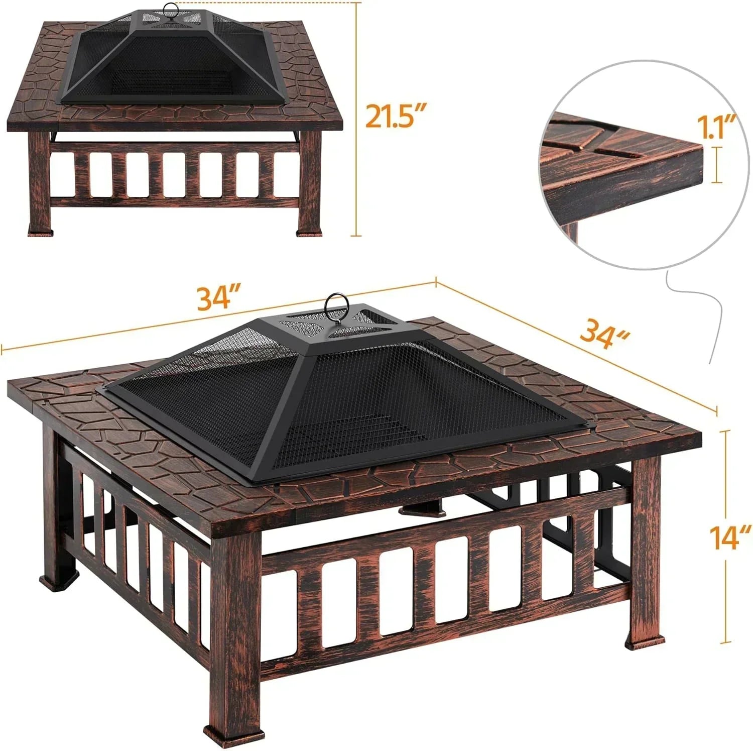 Yaheetech Multifunctional Fire Pit Table Square Metal Firepit Stove Backyard Patio Garden Fireplace