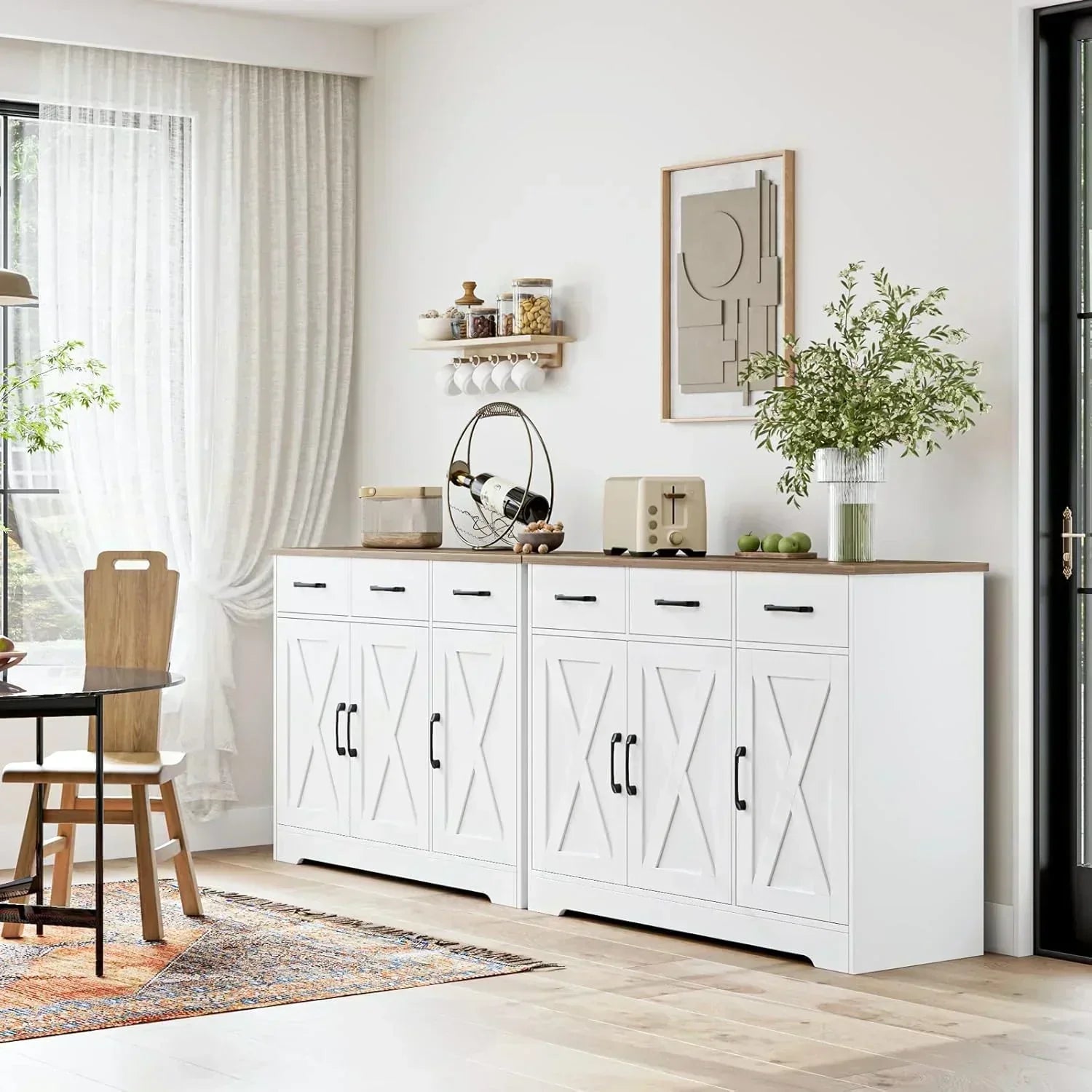 Modern farmhouse sideboard barn door buffet storage cabinet with drawers and shelves