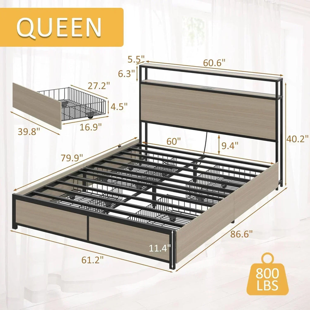 Lifezone Queen Bed Frame 2-Tier Storage Headboard Metal Platform Bed Frame 4 Storage Drawers
