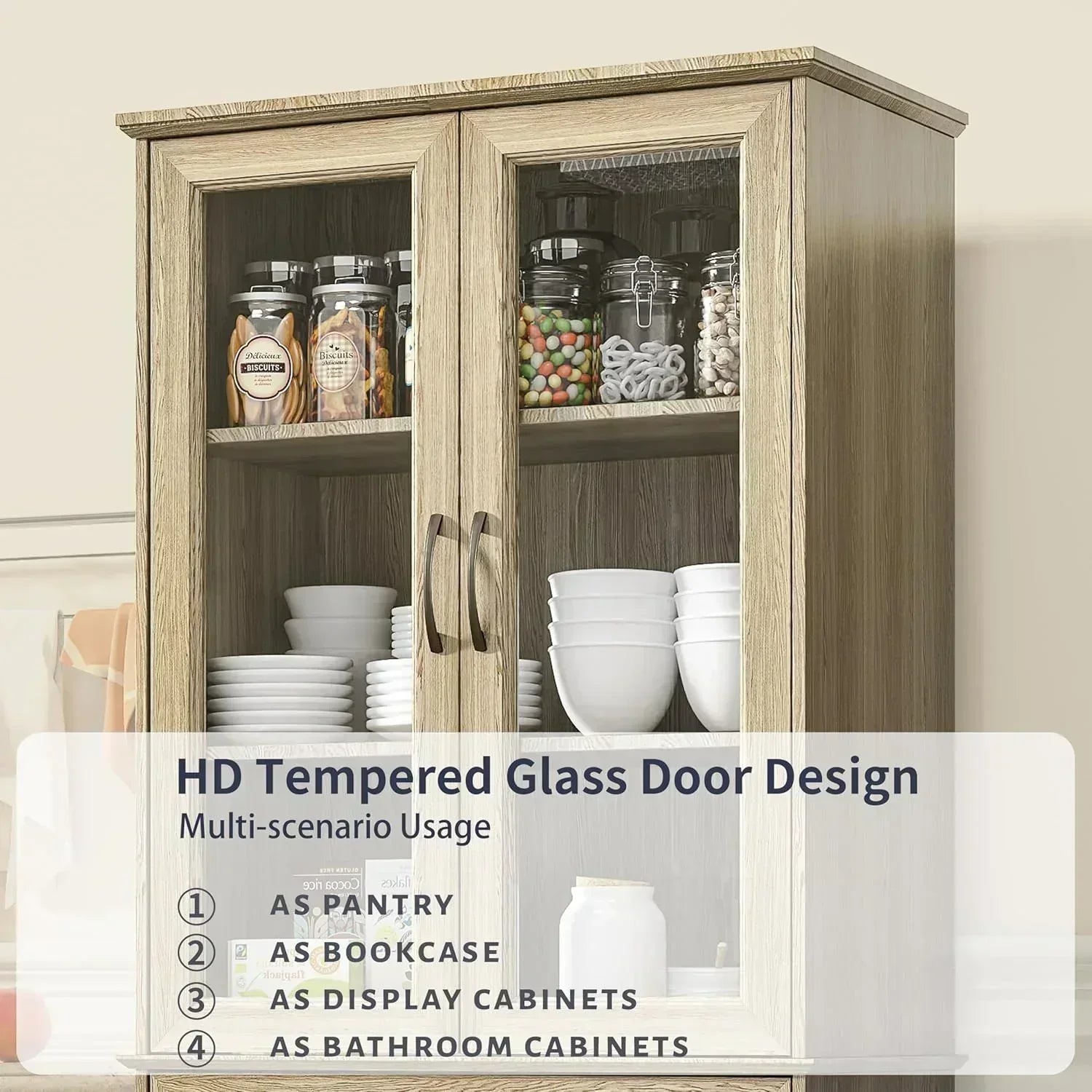 Kitchen Hutch Pantry Cabinet 71 Tall with Glass Doors