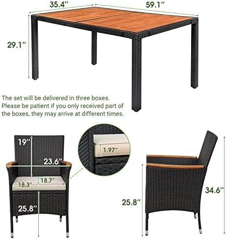 Devoko Dining 7 PCS Furniture Patio Conversation Set with Acacia Wood Table Top Rattan Outdoor