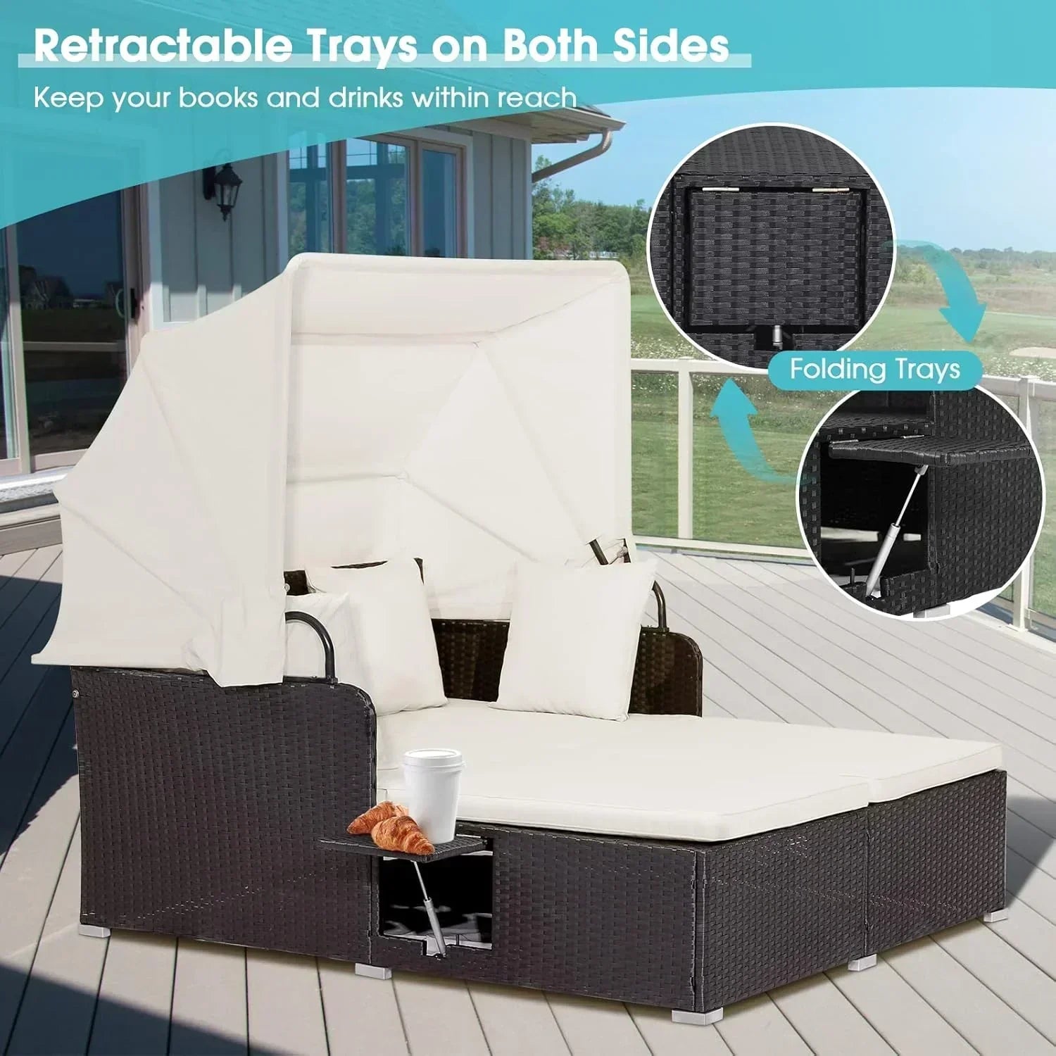 RELAX4LIFE Patio Outdoor Daybed with Canopy Wicker Sunbed Cushions 4 Pillows
