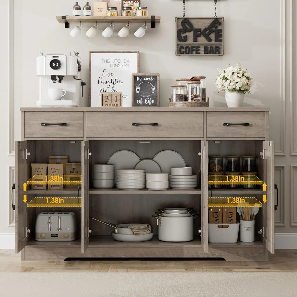 HOSTACK Buffet Cabinet with Drawers, 55 Large Sideboard Buffet Storage Cabinet with Shelves and Doors, Modern Farmhouse Coffee Bar Station Wood Kitchen Table for Kitchen, Dining Room, White/Rustic