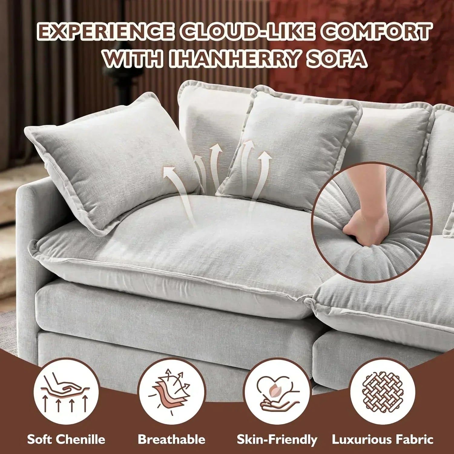 111.4 Inch L Shaped Modern Sofa Modular Cloud Sofa with Ottoman 4 Seater Chenille Deep Seat Sofa