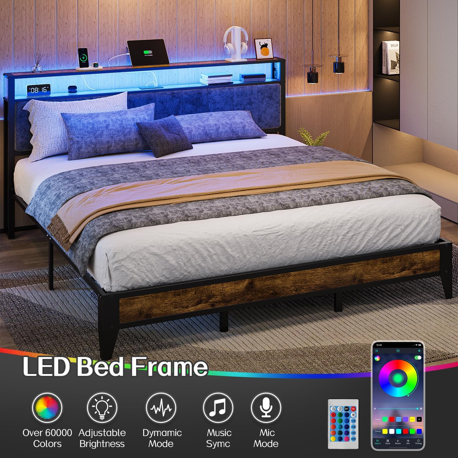 OLEVS Single Bed Frame LED Light Storage Headboard Charging Station Metal Platform Bed