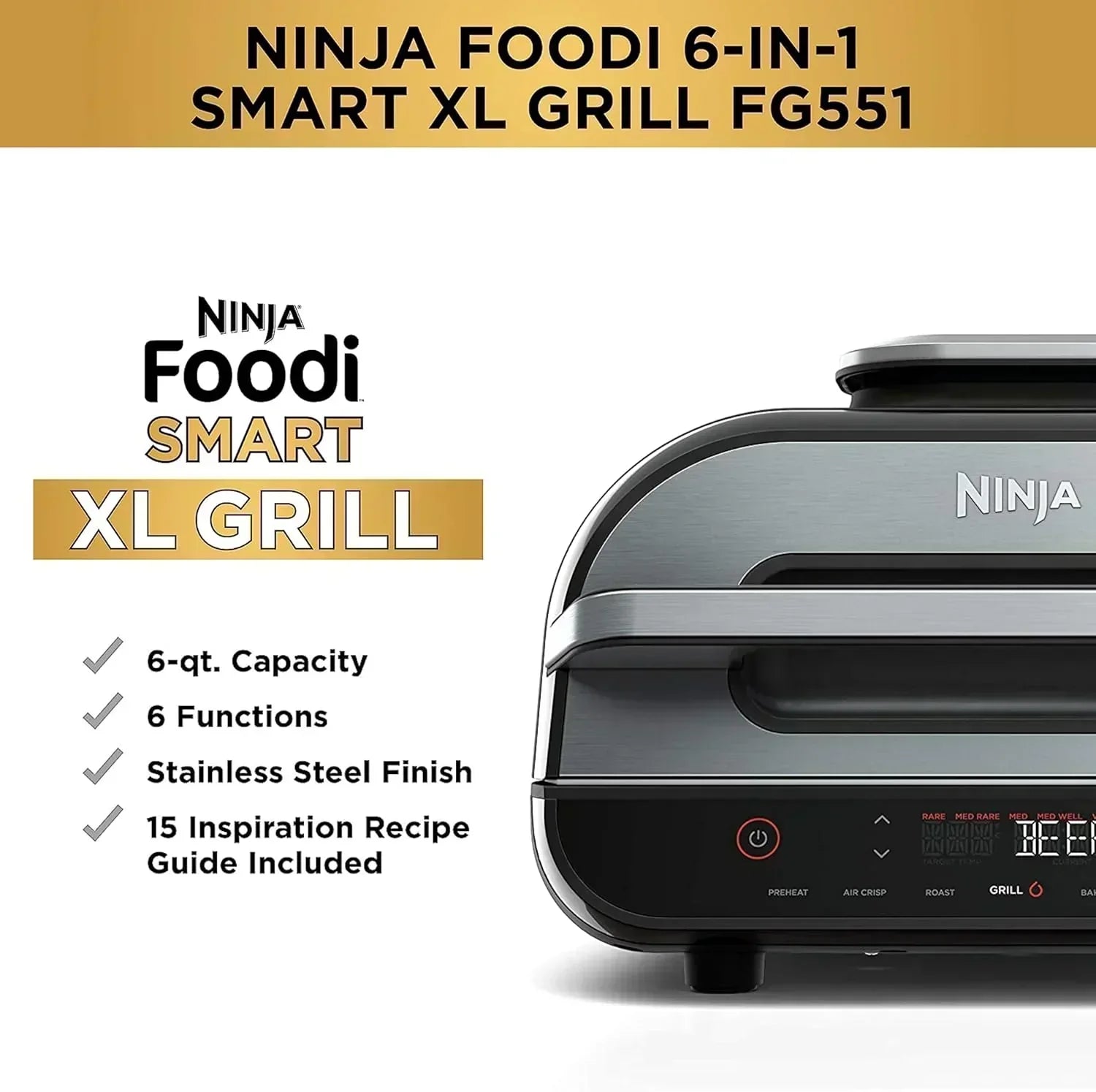 Ninja Foodi Smart XL 6-in-1 Indoor Grill with Air Fry Bake Roast Broil and Dehydrate