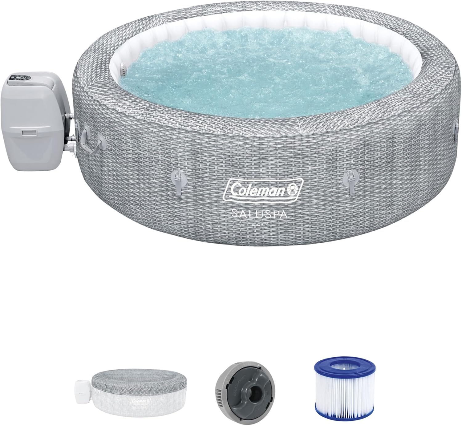 SaluSpa Sicily AirJet 7 Person Inflatable Hot Tub Round Portable Outdoor Spa with 180 Soothing AirJets and Insulated Cover, Gray
