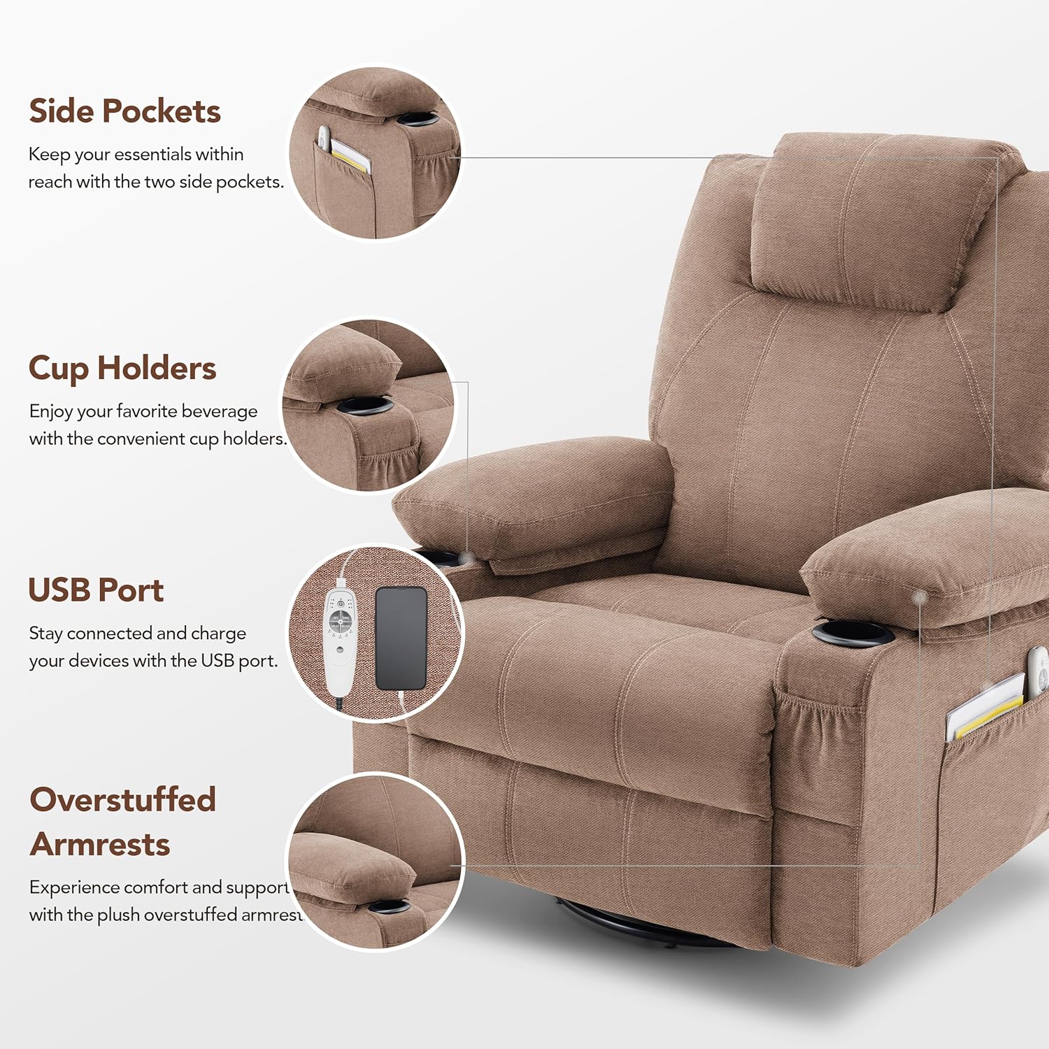 Large Swivel Rocking Recliner with Heating and Massage Function, 360 Degree Swivel Rocking Single Sofa
