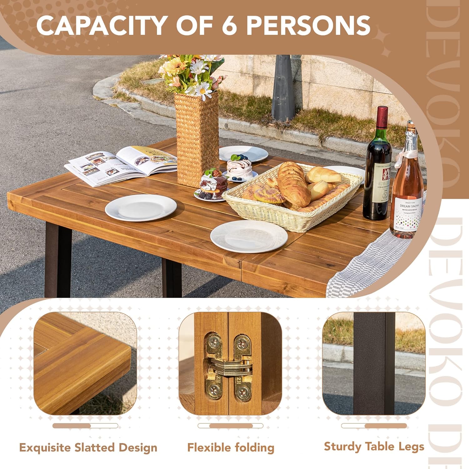 Devoko Home Acacia Wood Dining Table 6-Person Indoor Outdoor Table Iron Legs Sandblast Finish