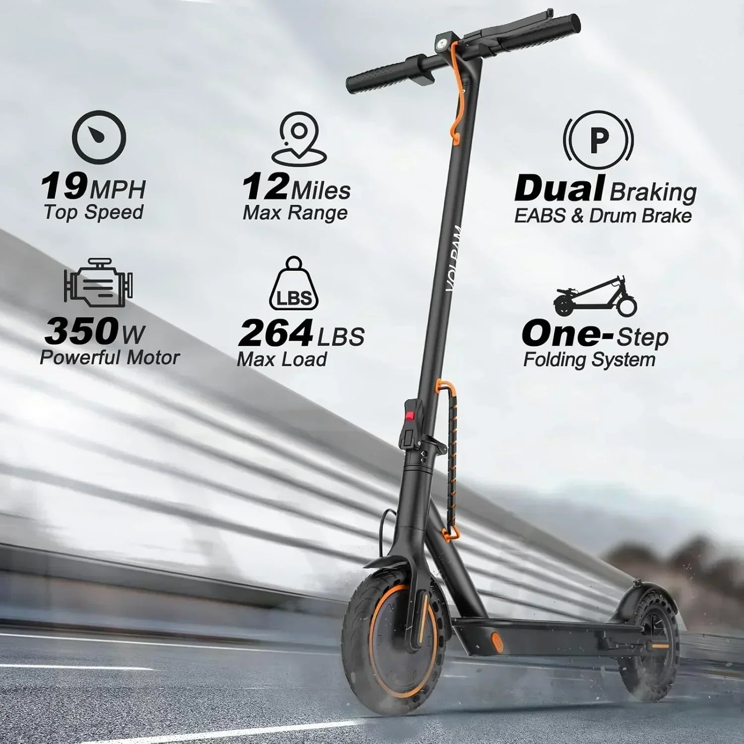 Volpam electric scooter Powerful electric motor Solid tires 28/21/12 mile range