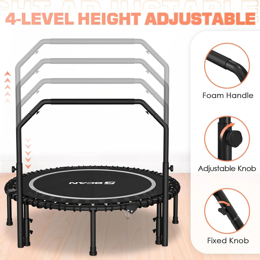 BCAN 450/550 LBS Foldable Mini Trampoline, 40/48 Fitness Trampoline with Bungees, U Shape Adjustable Foam Handle, Stable & Quiet Exercise Rebounder for Adults Indoor/Outdoor Workout