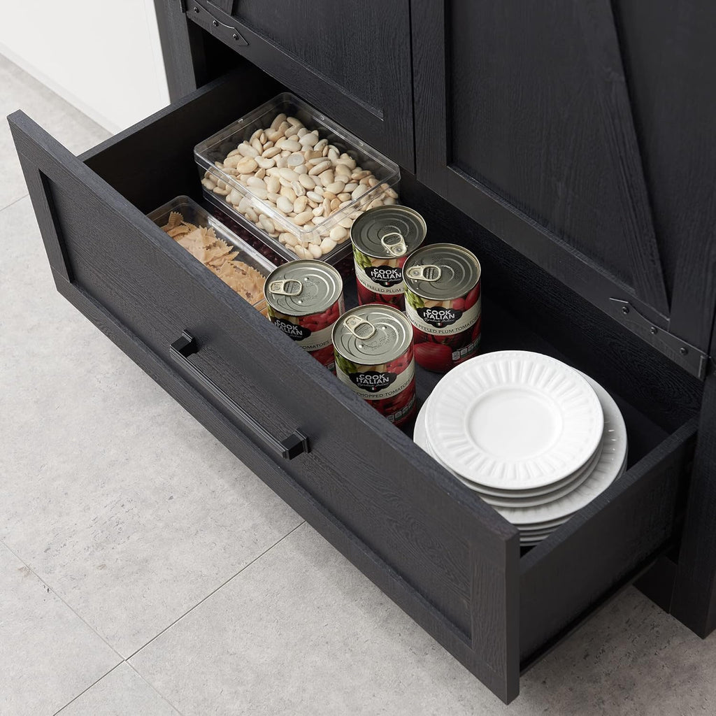 JXQTLINGMU Farmhouse Kitchen Pantry - 72 Tall Wood Kitchen Storage Cabinet with Adjustable Shelves and 2 Barn-Style Doors and Drawers